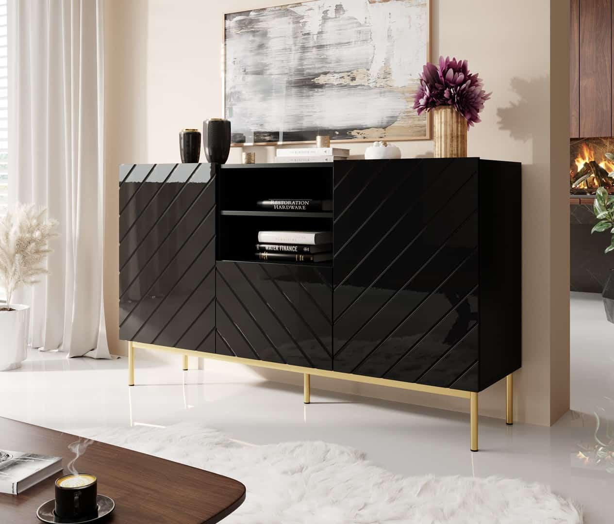 Komoda ABETO 150x42x90 czarny/czarny połysk