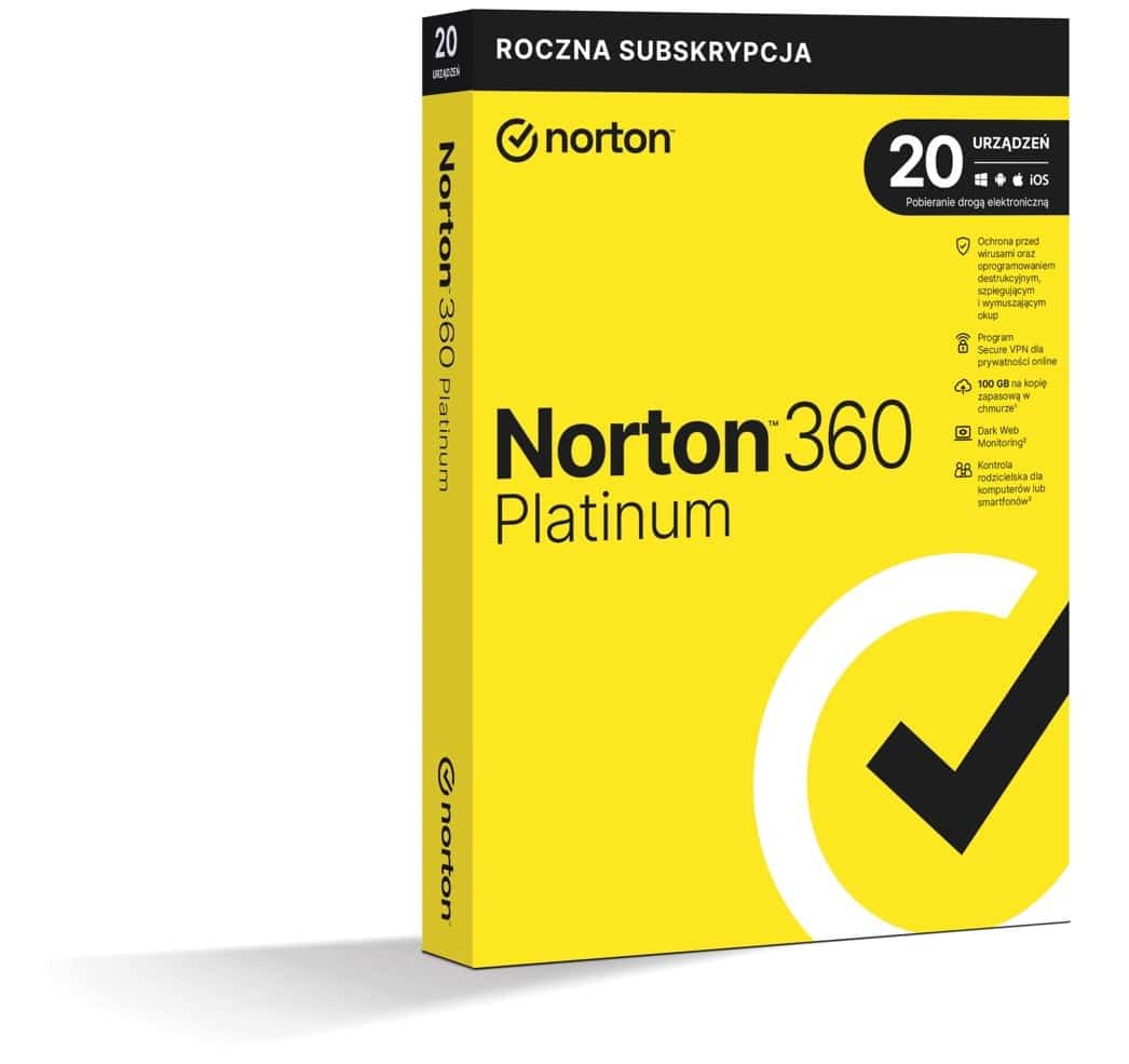 Norton 360 Platinum - 12 miesięcy, 1 użytkownik, 20 urządzeń, 100 GB chmury