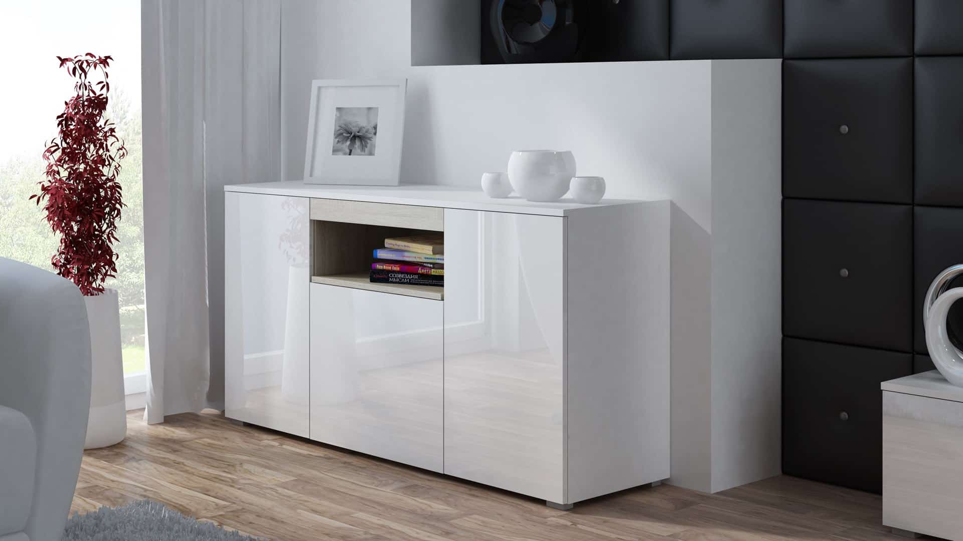 Komoda VIVA 150 biały/biały połysk+dęb sonoma