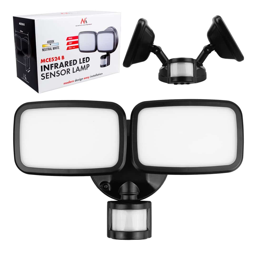 MACLEAN ŚCIENNA LAMPA LED, 20W, 1500LM, CZUJNIK PIR, CZARNA
