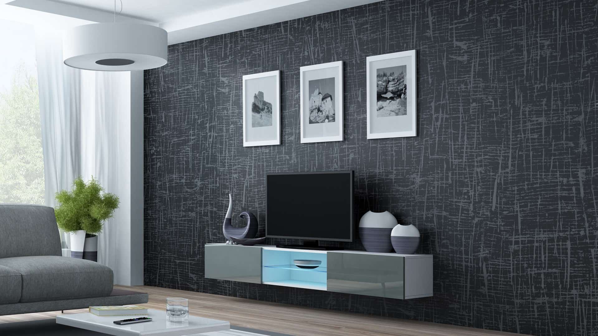 Szafka RTV VIGO GLASS 30x180x40, biało-szara, połysk