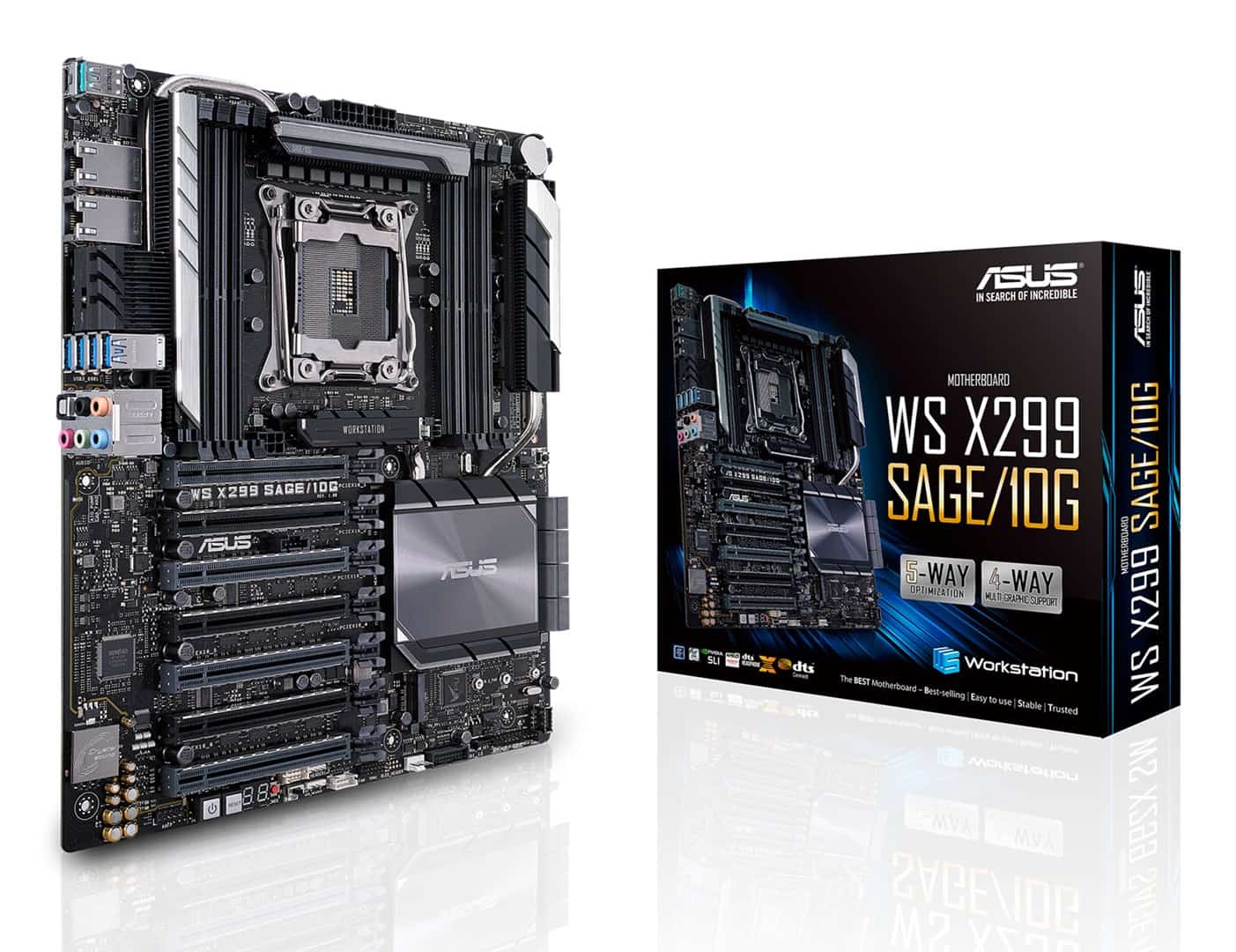 ASUS WS X299 SAGE/10G, 1x 066, Intel X299,  8x DIMM DDR4 4200(O.C.)/2933 Non-ECC, 7 x PCIe 3.0, 2x M.2, 8x SATA, 1x U.2, Intel Rapid Storage Technology Raid 0;1;5;10, 2x10Gb Intel X550-AT2, Realtek ALC S1220A,  6x USB 3.1 Gen 1, 2x USB 3.1 Gen 2, ASUS Con
