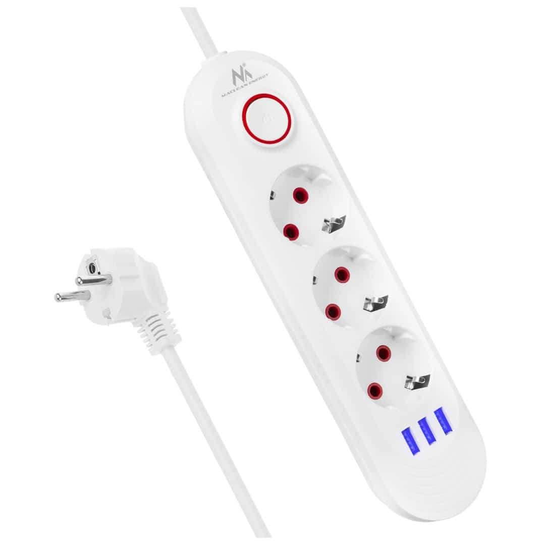 MACLEAN MCE394 W - Listwa zasilająca 3 gniazdą + 3 USB, 1,5m