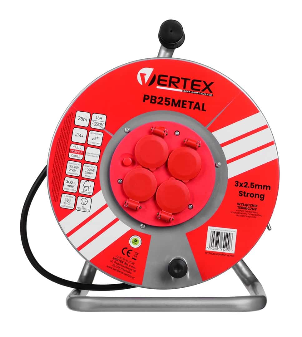 Przedłużadz bębnowy VERTEX 25M, 3 rdzenie, czarny
