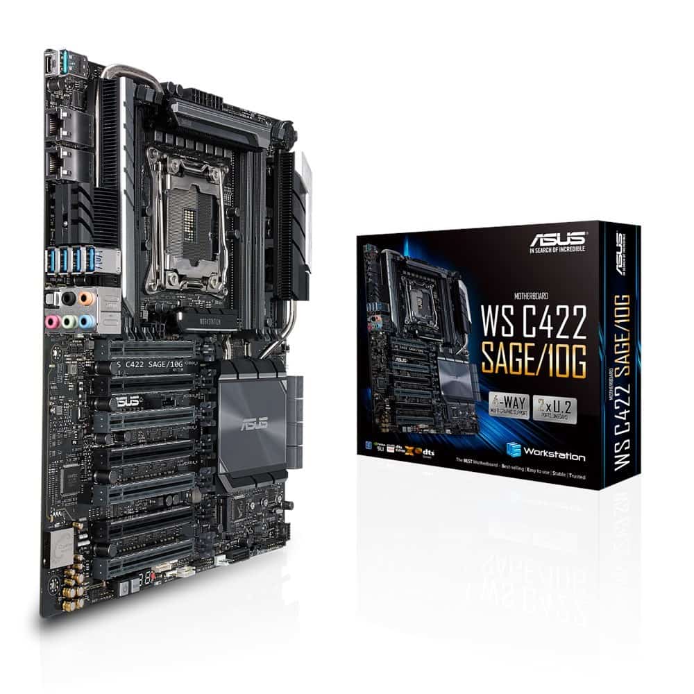 ASUS WS C422 SAGE/10G, Intel C422,  1x Intel Socket 2066, 8x DDR4 2666 RDIMM/LRDIMM, 7 x PCIe 3.0, VIDIA 4-Way SLI/AMD 4-Way CrossFireX, 1x M.2 Socket 3, 8x SATA, 2x U.2, 2 x 10Gb Intel X550-AT2, Realtek ALC S1220A 7.1, 6x USB 3.1 Gen 1, 3x USB 3.1 Gen 2,