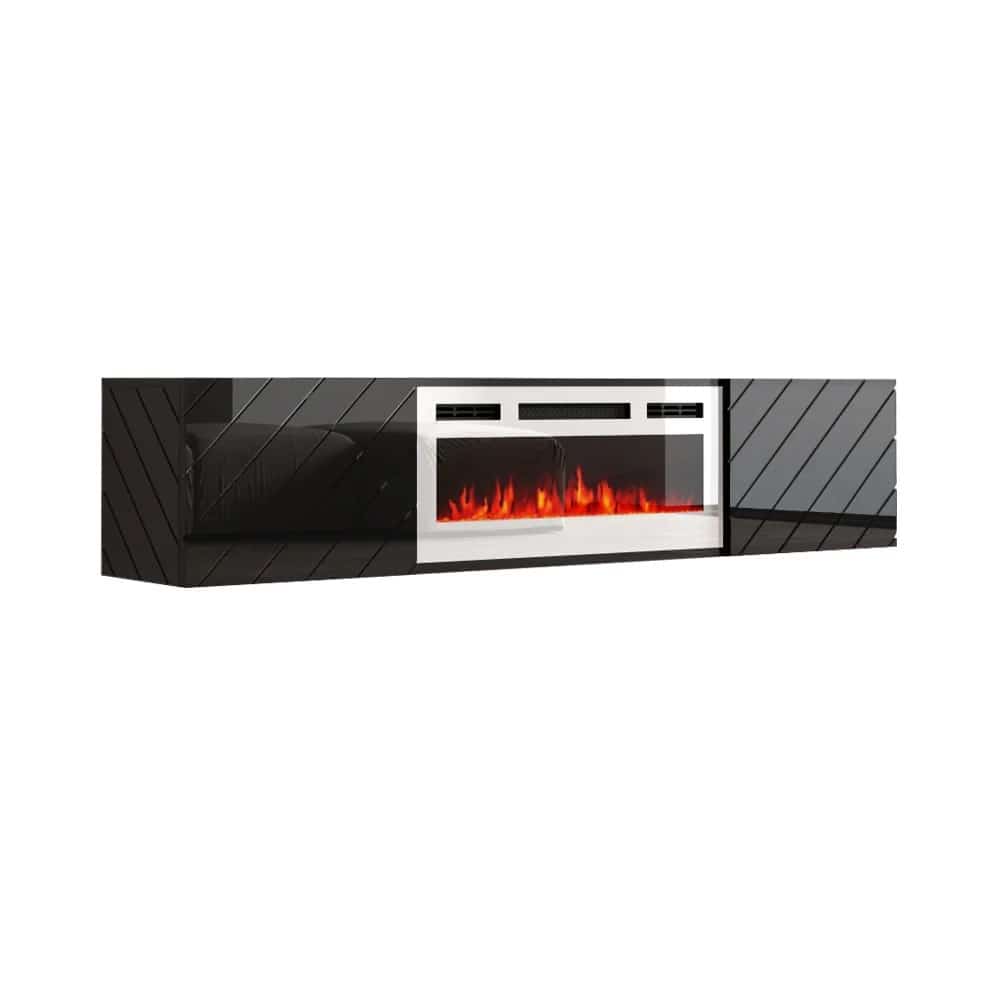 Szafka RTV LUXE 182,6x34,5x37,5 czarny/czarny połysk + biały kominek