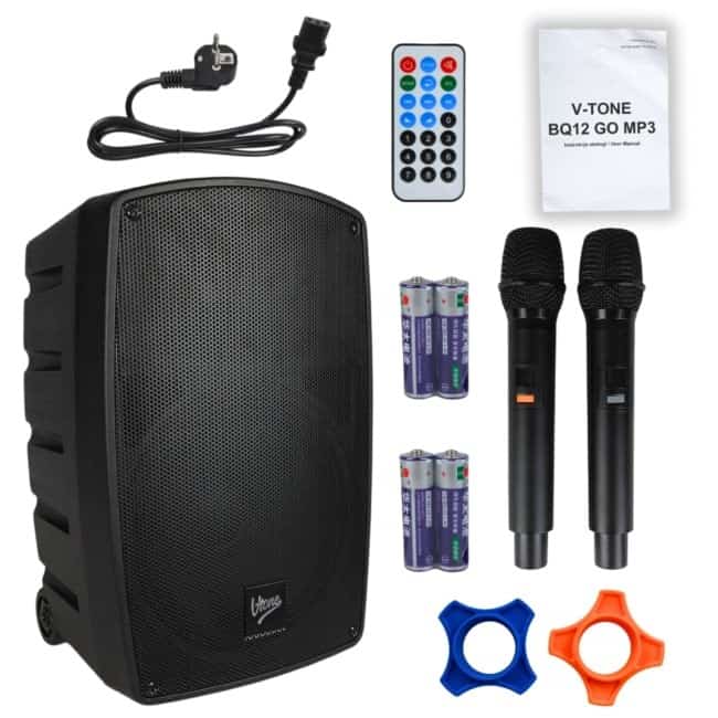 V-TONE BQ12 GO MP3 - Kolumna aktywna akumulatorowa czarna, Bluetooth, TWS, USB, SD, DSP, AUX, pilot na podczerwień, 2x mikrofon bezprzewodowy, wysuwana rączka, kółka transportowe zestaw