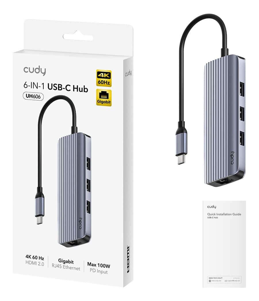 Hub USB-C CUDY UH606 6-w-1 z portem Gigabit Ethernet