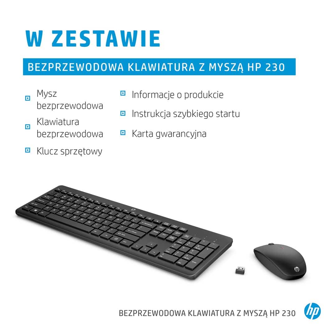 Zestaw bezprzewodowy HP 230: klawiatura i mysz, czarny, układ QWERTZ (18H24AA#ABD)