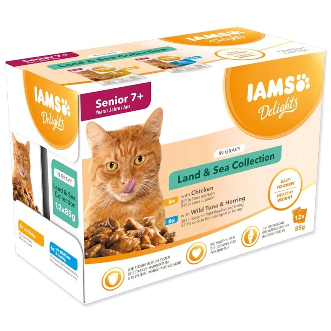 Mokra karma dla starszych psów IAMS Advanced Nutrition Senior, zestaw 12 saszetek po 85g z kurczakiem i rybą w sosie