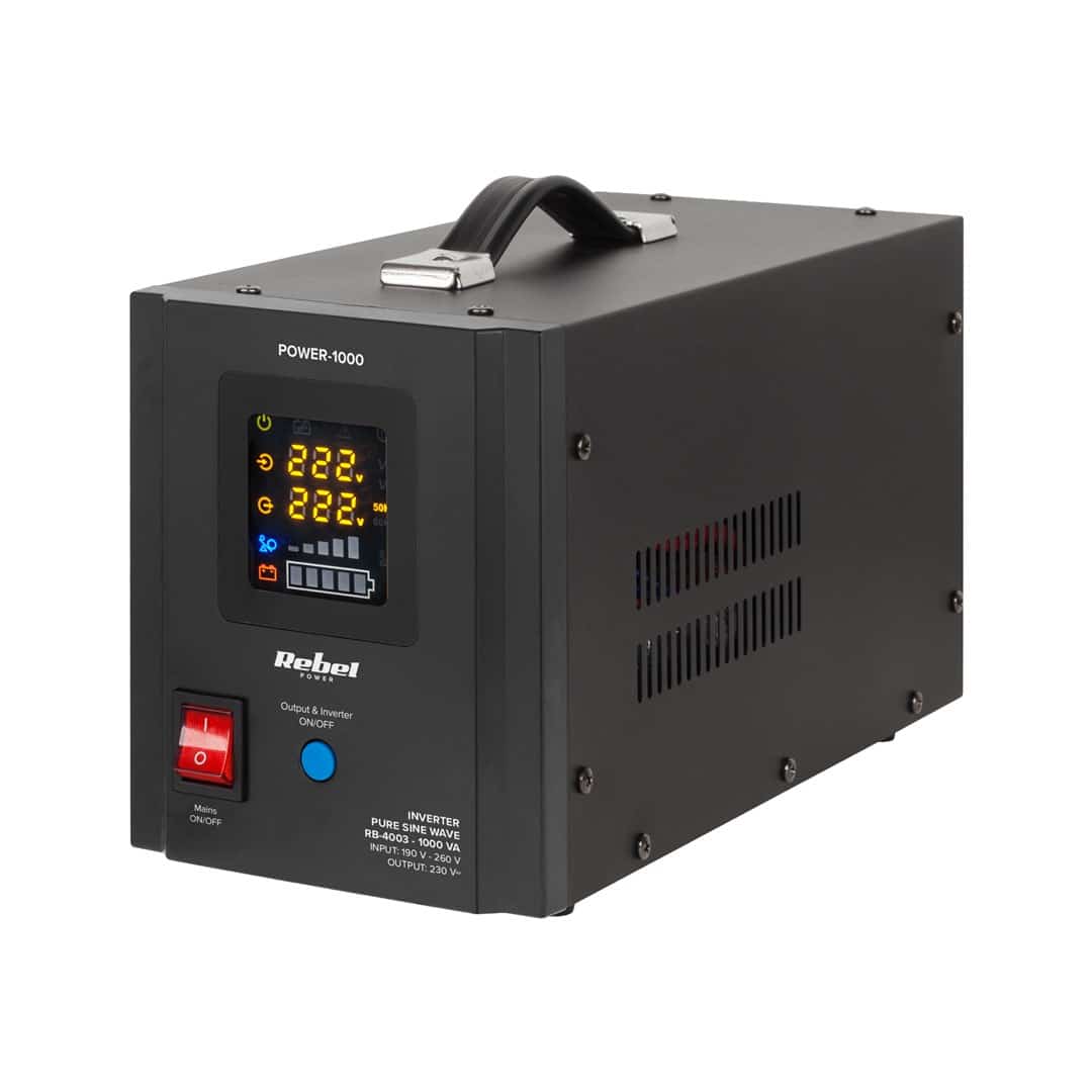Zasilacz awaryjny Rebel POWER-1000 - UPS z czystą sinusoidą, 1000VA/700W, ładowanie 12V