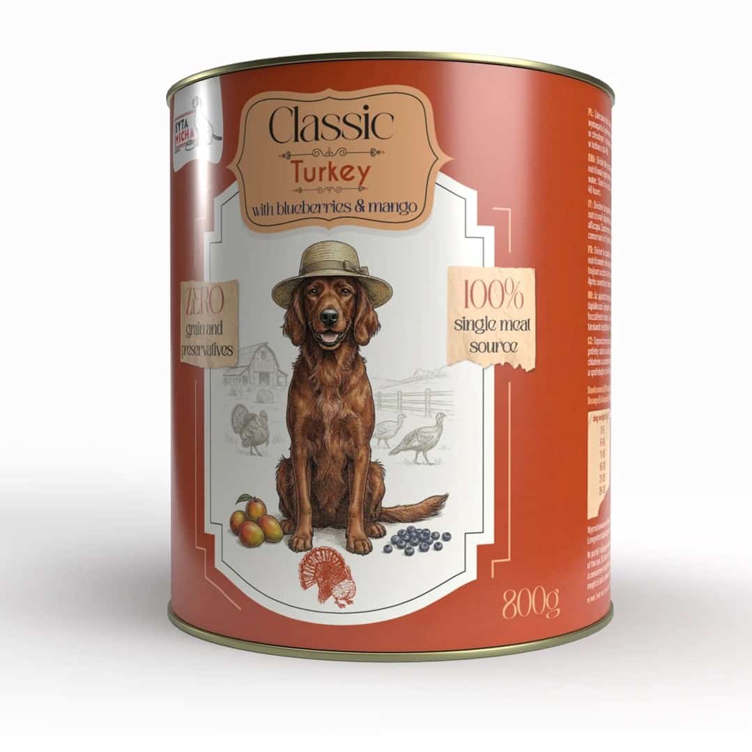Mokra karma dla psa Syta Micha Classic - Indyk z jagodami i mango, puszka 800g
