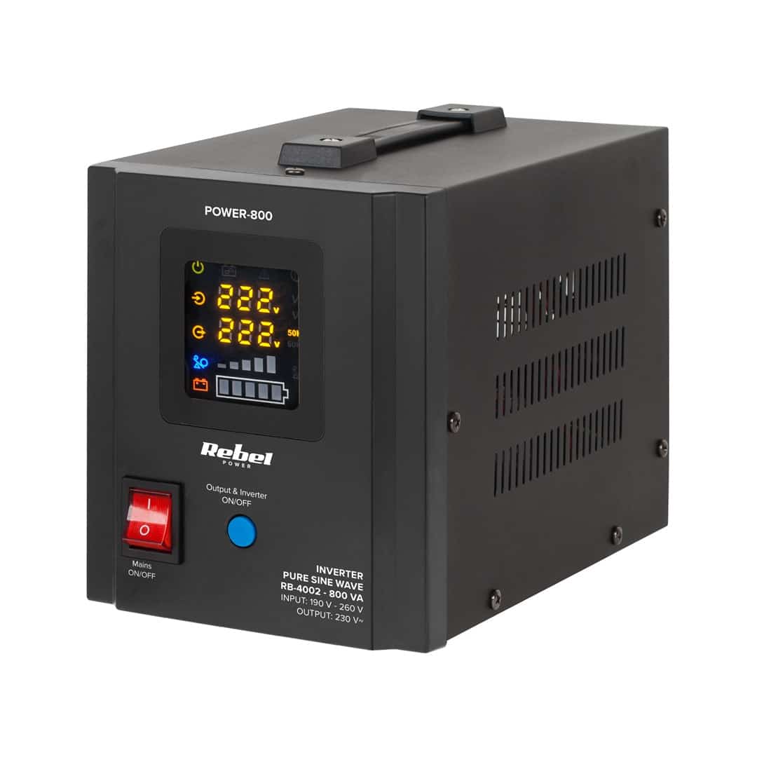 Zasilacz awaryjny Rebel POWER-800 - UPS z czystą sinusoidą i ładowaniem 12V, 800VA/500W