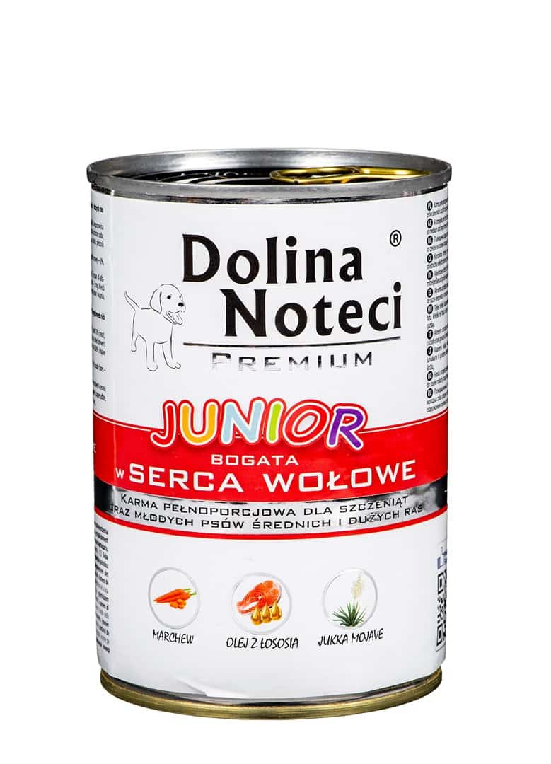 Mokra karma dla szczeniąt Dolina Noteci Premium Junior - bogata w serca wołowe, 400 g