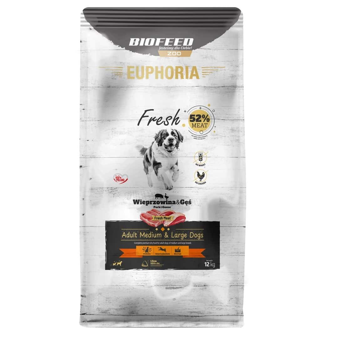 Karma sucha dla psów dorosłych BIOFEED Euphoria Fresh Meat Medium & Large - Wieprzowina i Gęś 12kg (Outlet)