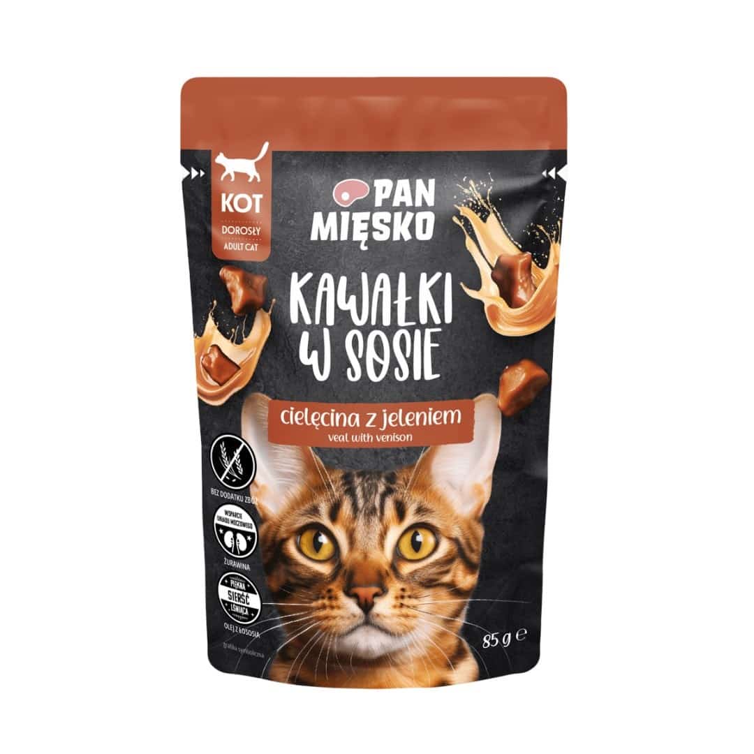 Mokra karma dla kota Pan Mięsko - Kawałki w sosie z cielęciną i jeleniem 85g