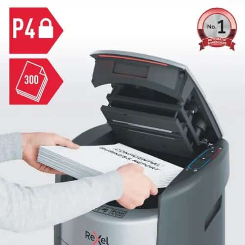 Niszczarka dokumentów Rexel ShredMax AutoFeed+ 300X, poziom bezpieczeństwa P4, niszczy 300 kartek jednorazowo, pojemność kosza 25 l