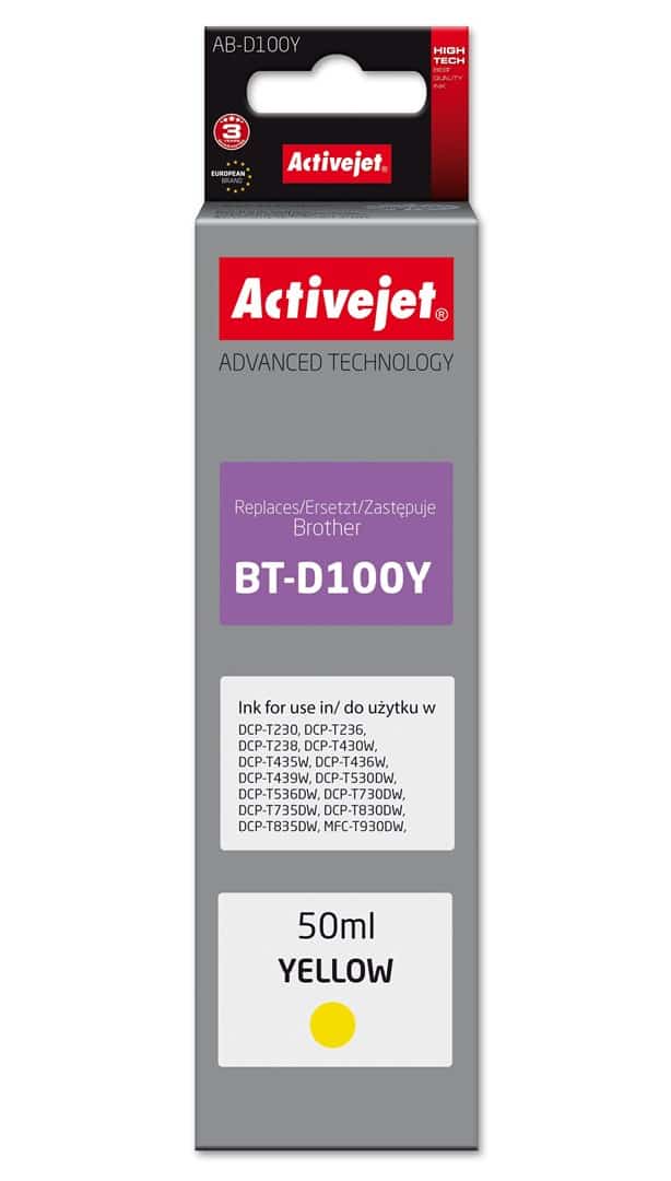 Tusz Activejet AB-D100Y (zamiennik Brother BT-D100Y) - żółty, 50 ml