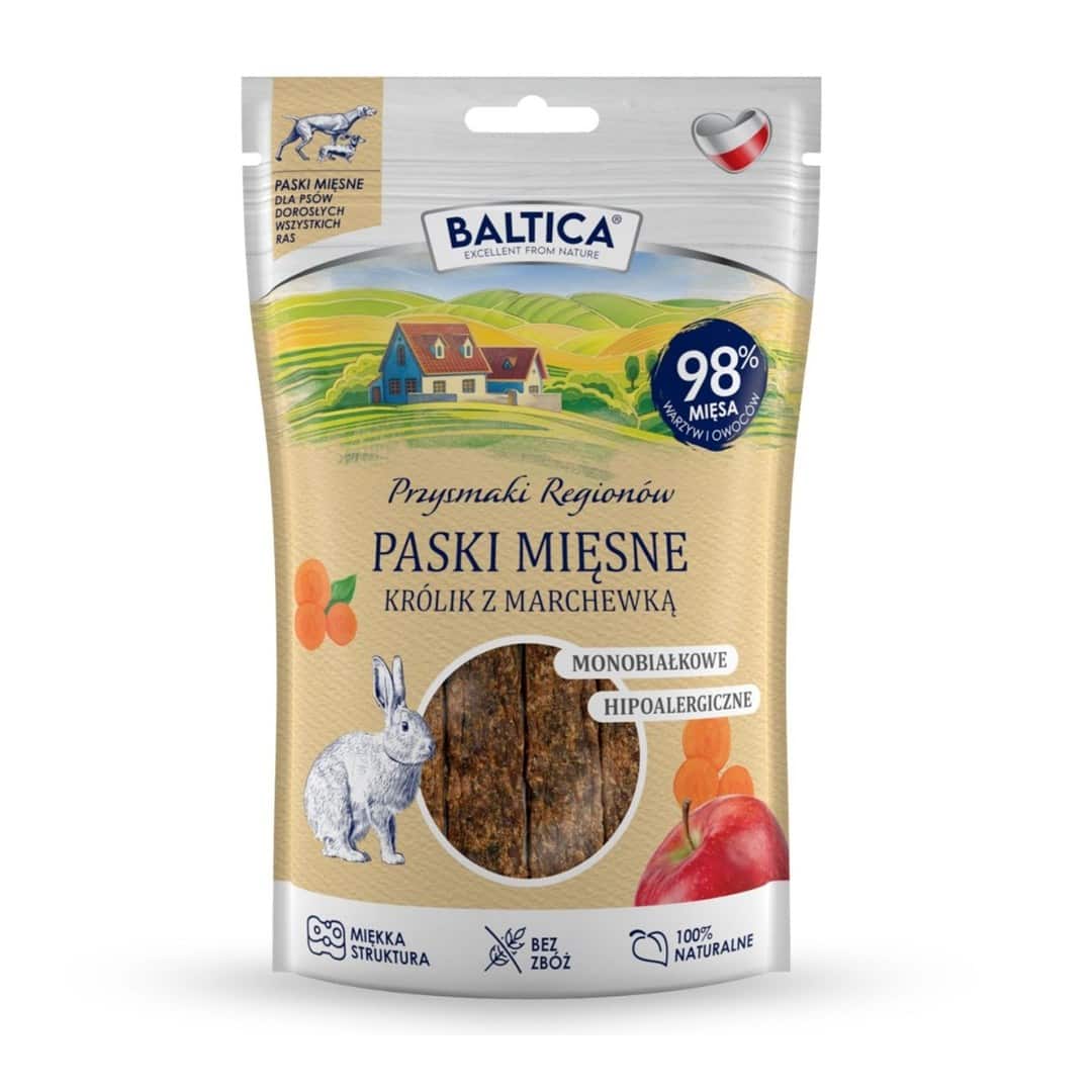 Przysmaki dla psa, mięsne paski z królika i marchewki, 90g
