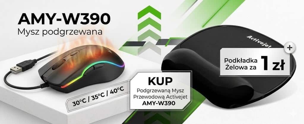 Activejet mysz Podgrzewana AMY-W390 + za 1 zł  Activejet podkładka pod mysz czarna żelowa za 1 zł — zdjęcie 1 z 8