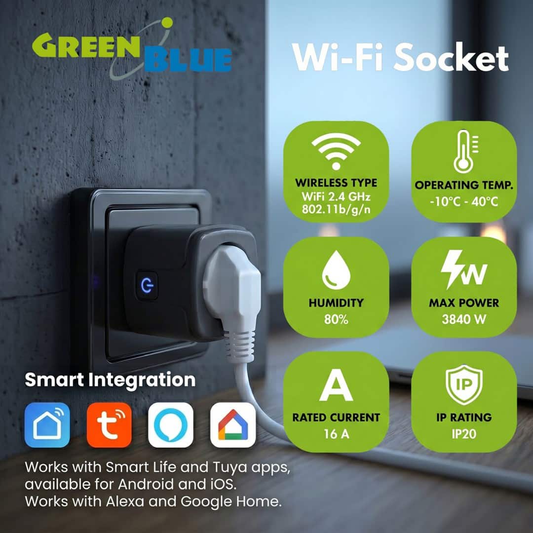 GREENBLUE ZDALNIE STEROWANE GNIAZDKO WIFI, ANDROID/IOS/ALEXA/GOOGLE HOME, TIMER, WATOMIERZ, MAX 16A/3840W GB735 B — zdjęcie 1 z 8