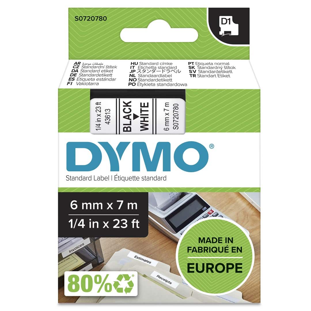 Taśma barwiąca DYMO D1 - 6mm x 7m, czarno-biała, S0720780 — zdjęcie 1 z 6