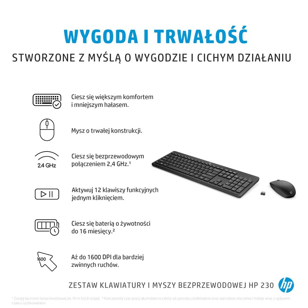 Zestaw bezprzewodowy HP 230: klawiatura i mysz, czarny, 18H24AA#ABB — zdjęcie 1 z 8