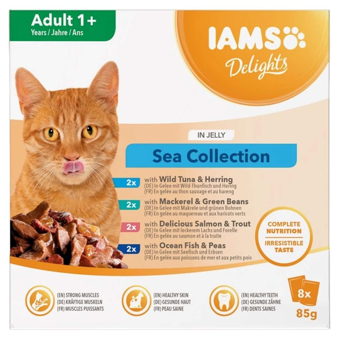 Mokra karma dla dorosłych kotów IAMS Delights z tuńczykiem w galaretce 8x85g