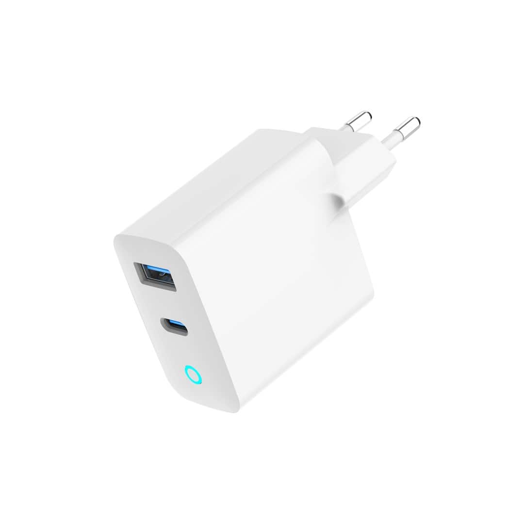 Ładowarka sieciowa Gembird 2-portowa, szybkie ładowanie (PD), USB-A + USB-C, 30W, wskaźnik LED, biała — zdjęcie 1 z 3