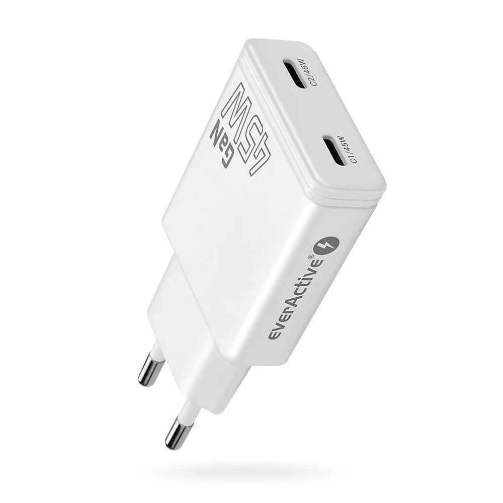 Ładowarka sieciowa EVERACTIVE GAN Super Slim 2x USB-C PD 45W biała SC-465Q — zdjęcie 1 z 8