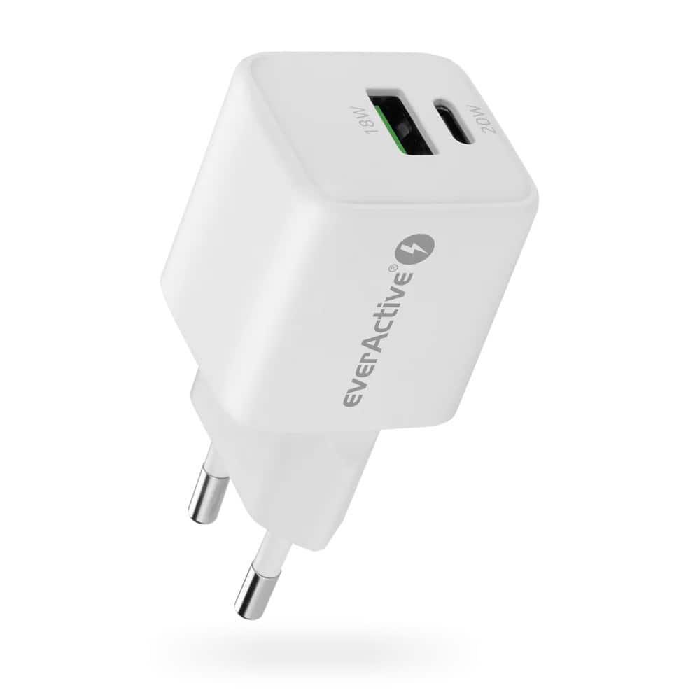 Ładowarka sieciowa EVERACTIVE SC-330Q, 20W, 1x USB-A QC 3.0, 1x USB-C, biała — zdjęcie 1 z 7