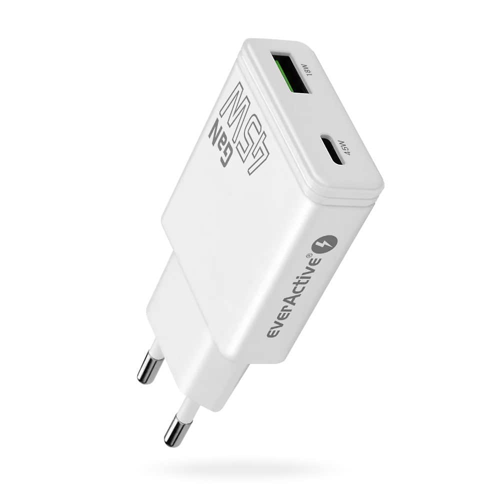 Ładowarka sieciowa EVERACTIVE GAN 45W, 1x USB + 1x USB-C, Quick Charge 3.0, biała (SC-460Q) — zdjęcie 1 z 8