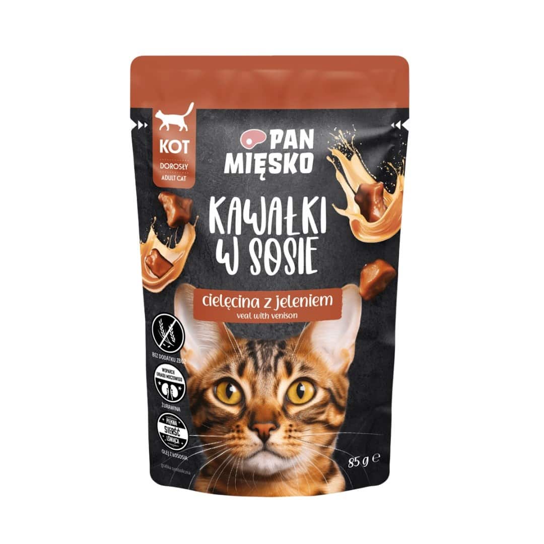 Mokra karma dla kota Pan Mięsko - Kawałki w sosie z cielęciną i jeleniem 85g