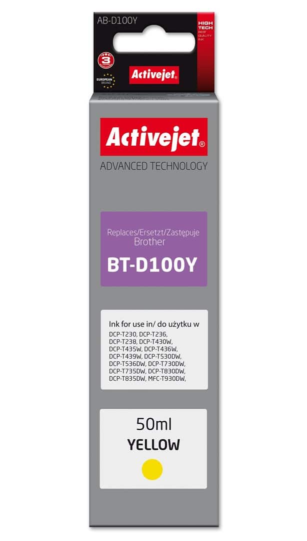 Tusz Activejet AB-D100Y (zamiennik Brother BT-D100Y) - żółty, 50 ml