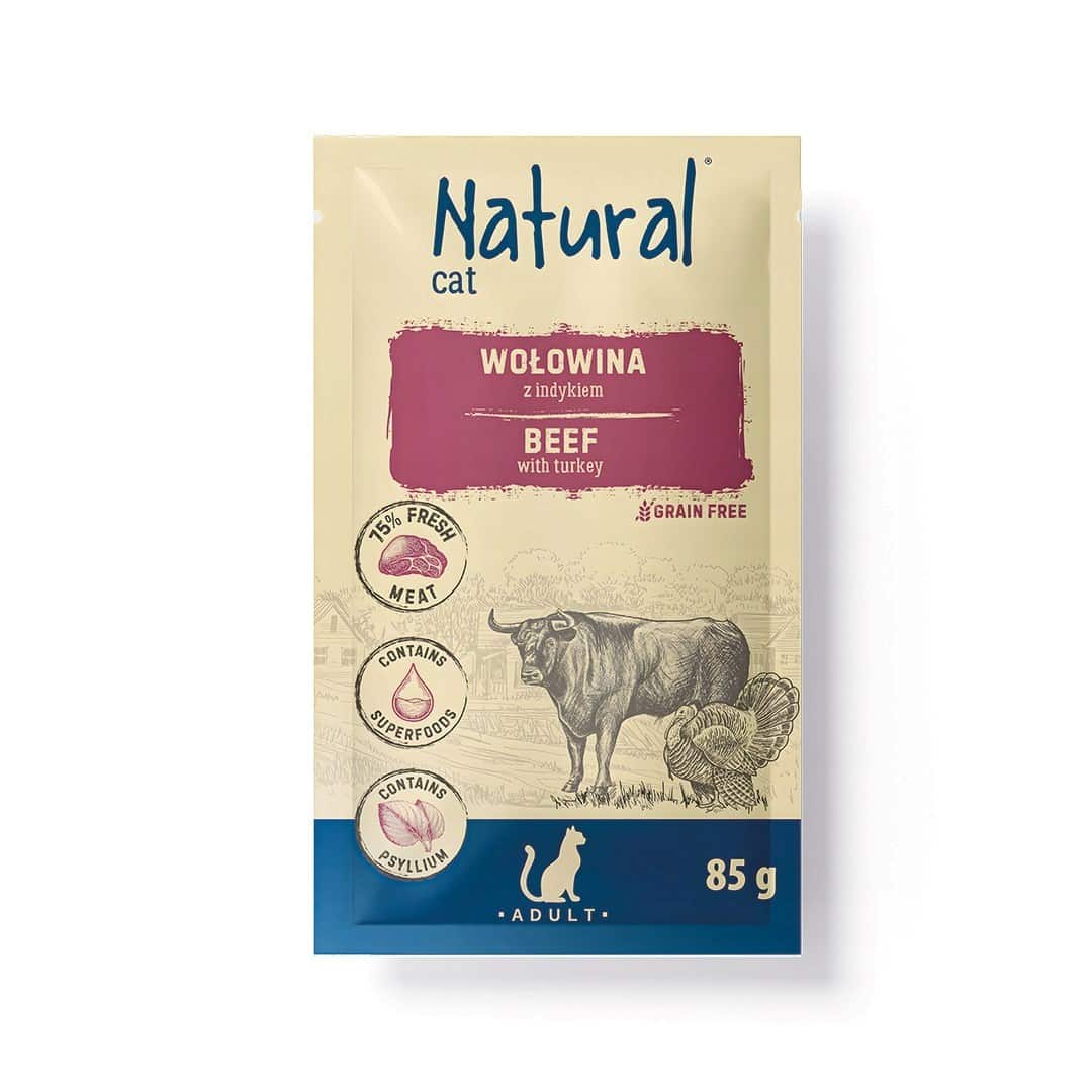 Mokra karma dla kotów NATURAL Wołowina z Indykiem 85g