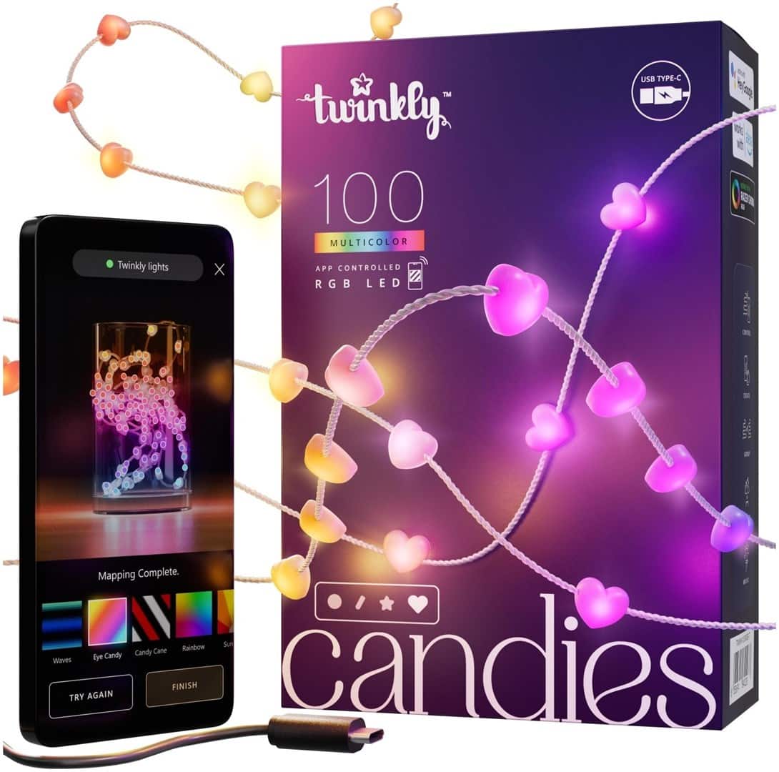 Twinkly Candies – 100 Lampki w kształcie serc RGB LEDs, przezroczysty przewód, USB-C — zdjęcie 1 z 6