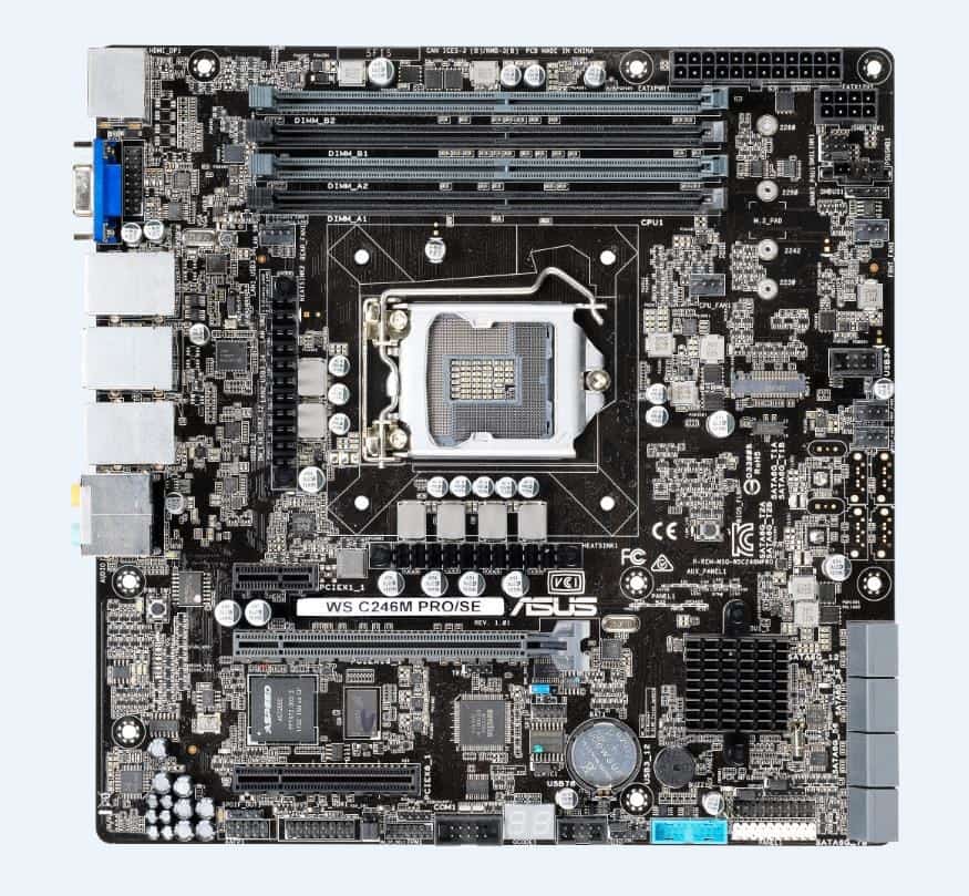 ASUS WS C246M PRO/SE, 1 x Socket LGA1151, Intel C246 Chipset,4x DDR4 2666 UDIMM non-ECC/ECC, 3x PCIe 3.0, 8x SATA, Intel Rapid Storage Technology, 1x Intel® I210AT + 1 xMgmt LAN, 1x i219-LM, 2x USB 2.0, 1x USB 3.0, 1x M.2, 1x VGA Header, micro-ATX