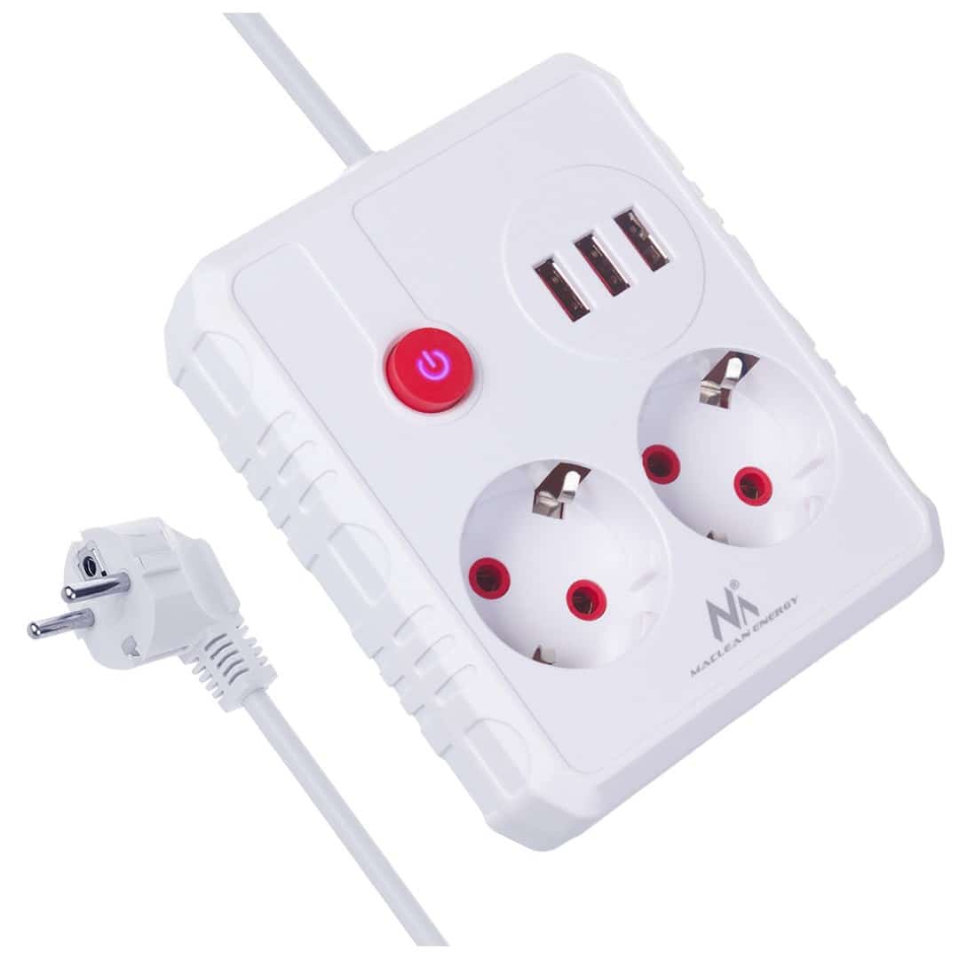 MACLEAN MCE387 W - Listwa zasilająca 2 gniazda + 3xUSB, 2.1A, 1.5m, Biała