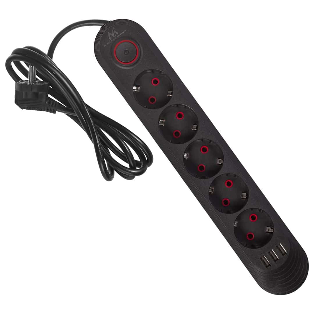 MACLEAN MCE395 B - Listwa zasilająca 5 gniazd + 3 USB, 1,5m