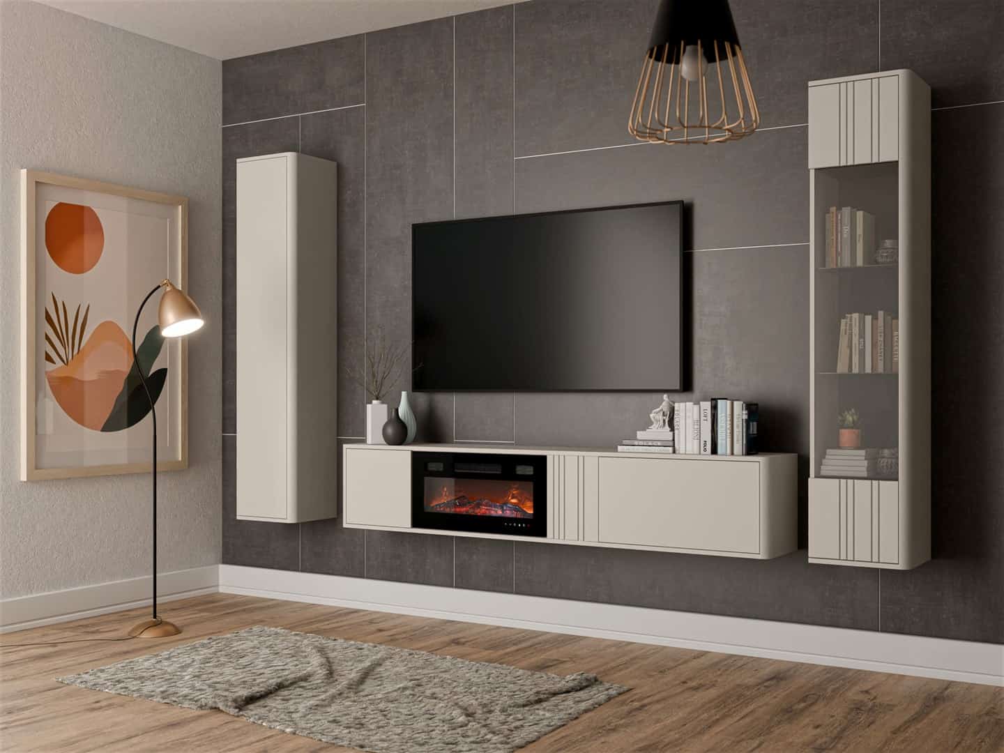 Szafka RTV PHILIPPE 190x35,3x30 Kaszmir Mat + Kominek Czarny