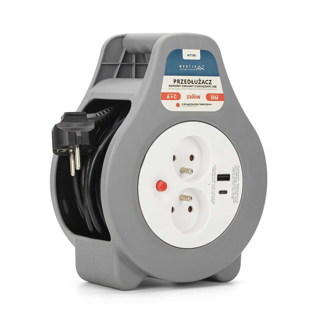MONTIS PRZEDŁUŻACZ ZWIJANY 10M Z 2 GNIAZDAMI USB A+C