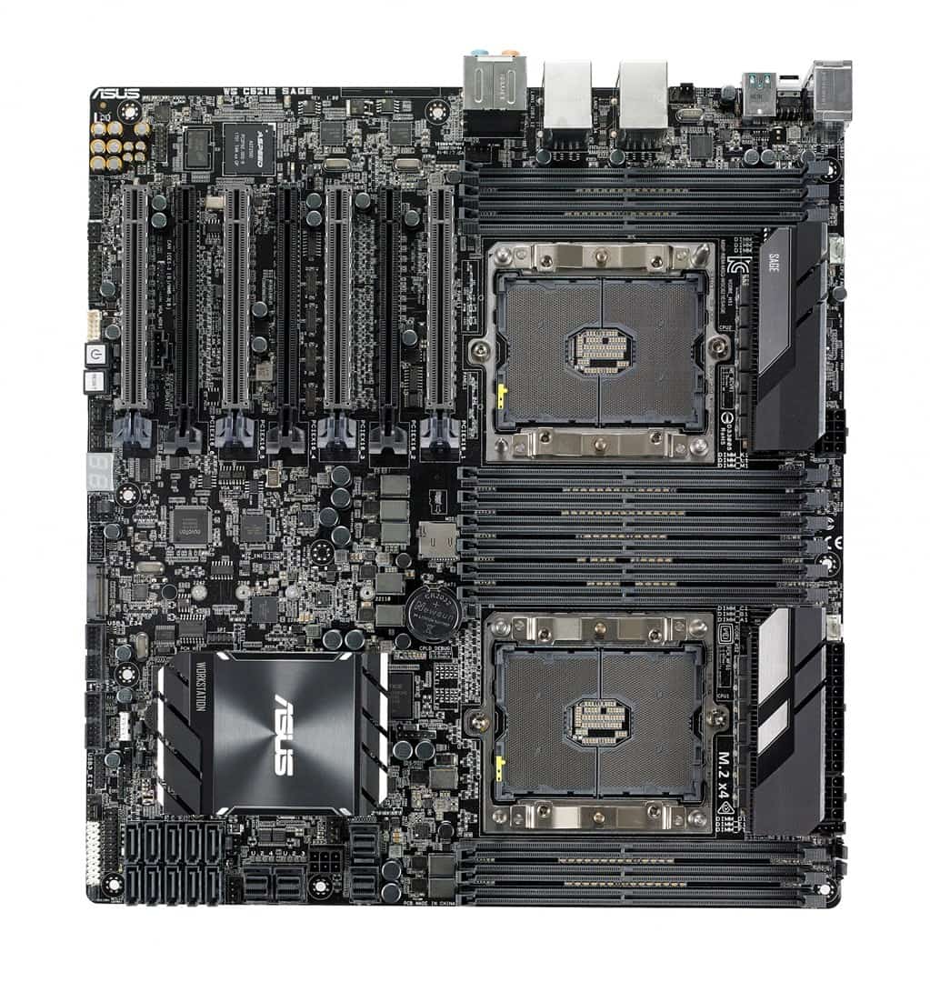ASUS WS C621E SAGE Intel C621, 2x Socket P (LGA 3647), 12x EEB Workstation DDR4 2933 RDIMM/LRDIMM, Aspeed AST2500 with 64 MB VRAM , 7x PCIe 3.0, 10 x SATA, 4x U.2, 1x M.2 Socket 3, 2x 1Gb I210-AT, Realtek S1220A 7.1, EEB Workstation