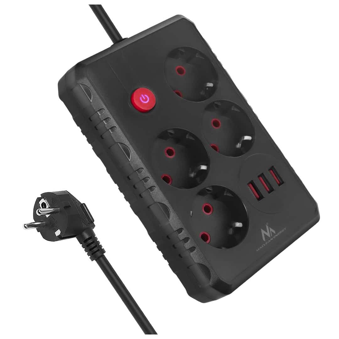 MACLEAN MCE393 B - Listwa zasilająca 4 gniazdka + 3xUSB, 3m