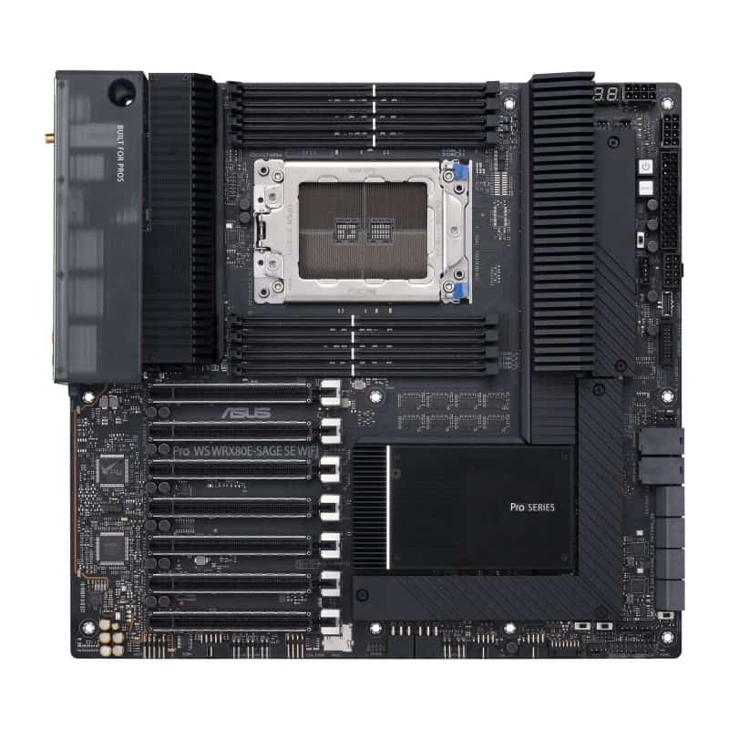 ASUS PRO WS WRX80E-SAGE SE WIFI AMD WRX80 Threadripper PRO, Intel I211-AT 2x2.5 Gb LAN, USB 3.2 Gen 2x2 Type-C port, 7 x PCIe 4.0 x16 slots, 3 x M.2 PCIe 4.0, ASMB9-iKVM, 2 x U.2 and 16 power stages, E-ATX workstation
