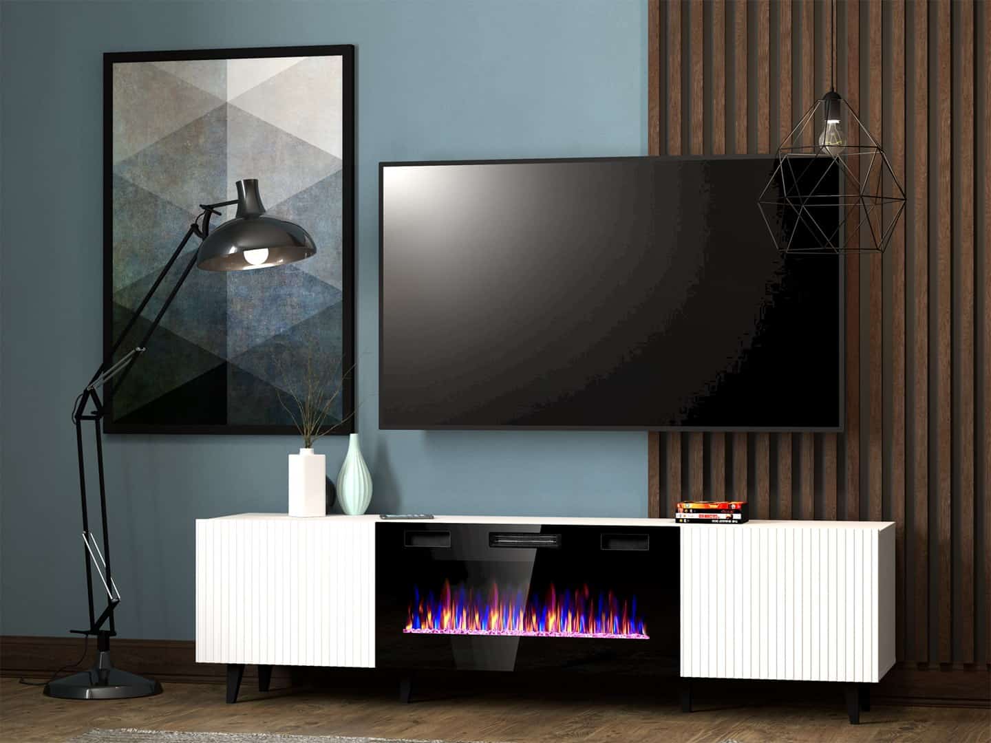 Szafka RTV PAFOS EF z kominkiem elektrycznym, biała matowa, 180x42x49 cm