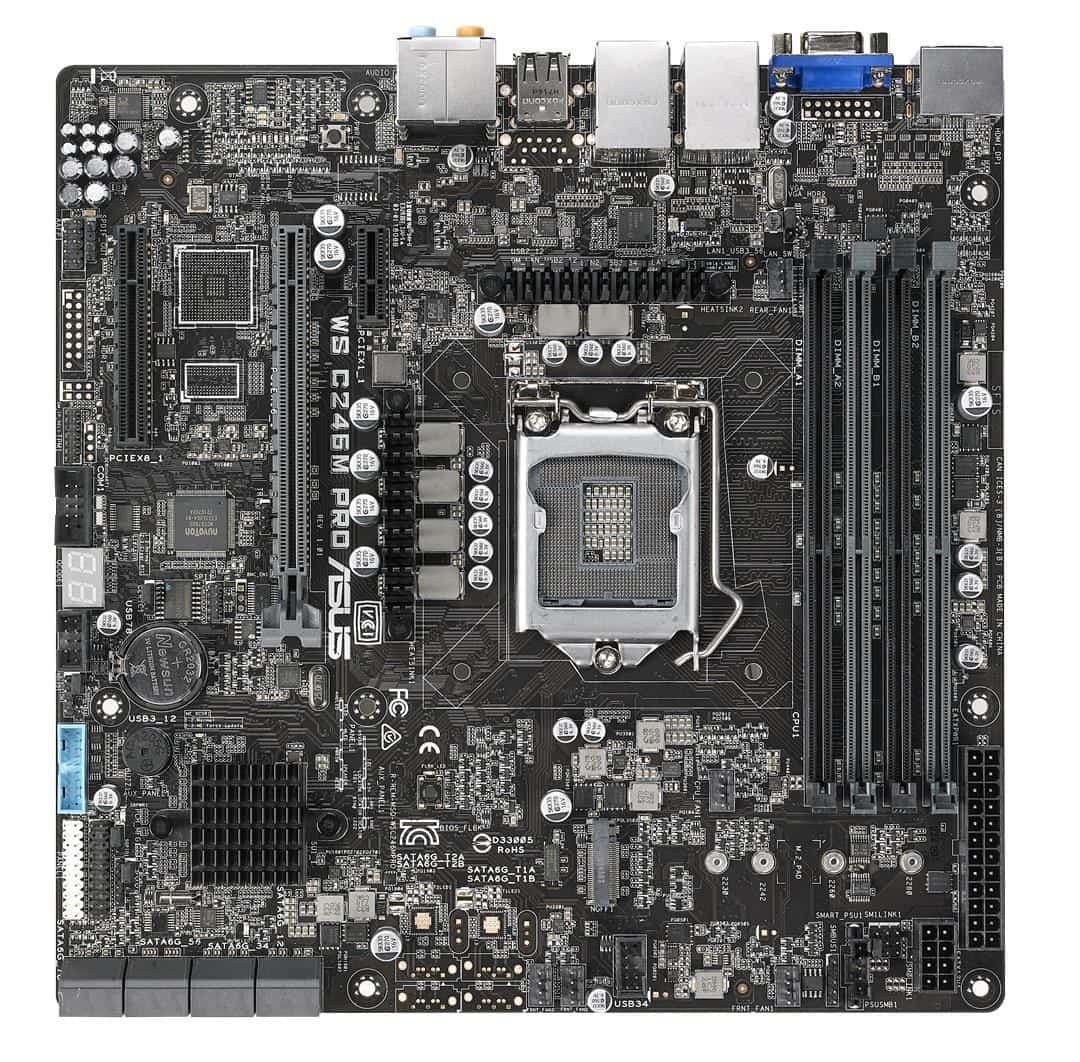ASUS WS C246M PRO , 1 x Socket LGA1151, Intel C246 Chipset,4x DDR4 2666 UDIMM non-ECC/ECC, 3x PCIe 3.0, 8x SATA, Intel Rapid Storage Technology, 1x Intel® I210AT, 1x i219-LM, 2x USB 2.0, 1x USB 3.0, 1x M.2, 1x VGA Header, micro-ATX
