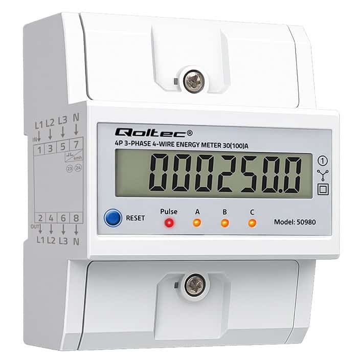 QOLTEC LICZNIK ENERGII TRÓJFAZOWY NA SZYNĘ DIN | 400V | 100A | LCD | LED | 4P