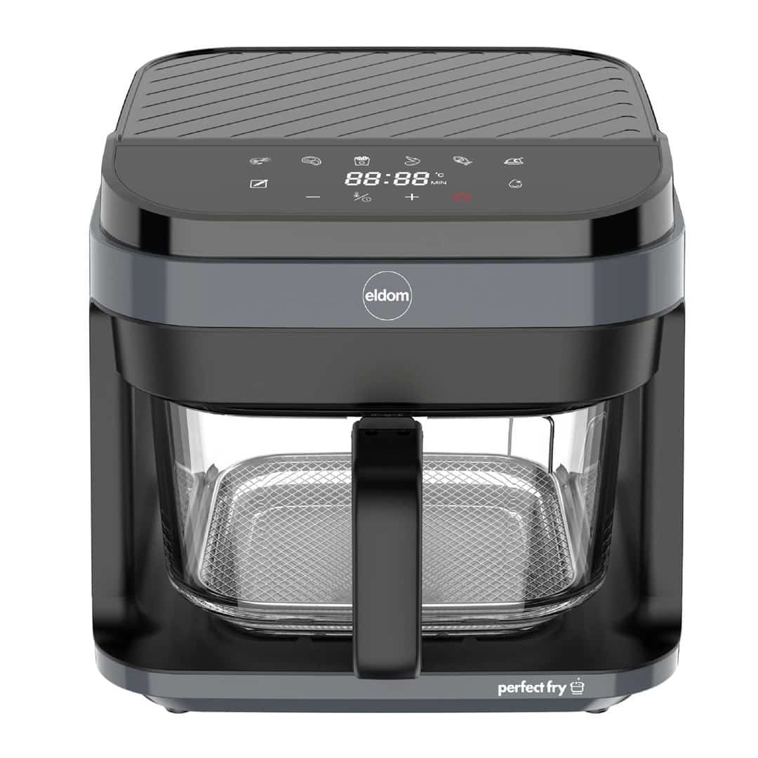 ELDOM FRYTKOWNICA BEZTŁYSZCZOWA FR500 5,5 L 1200W SZKLANY POJEMNIK, RUSZT, SILIKONOWA PODKŁADKA, 8 PROGRAMÓW, REGULACJA TEM.
