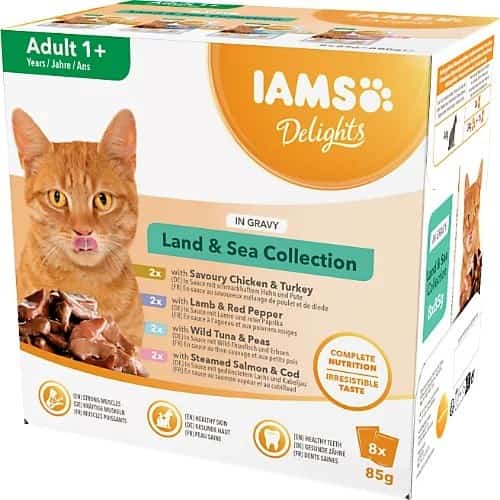Mokra karma dla kota IAMS Delights z kurczakiem i rybą w sosie 8x85g