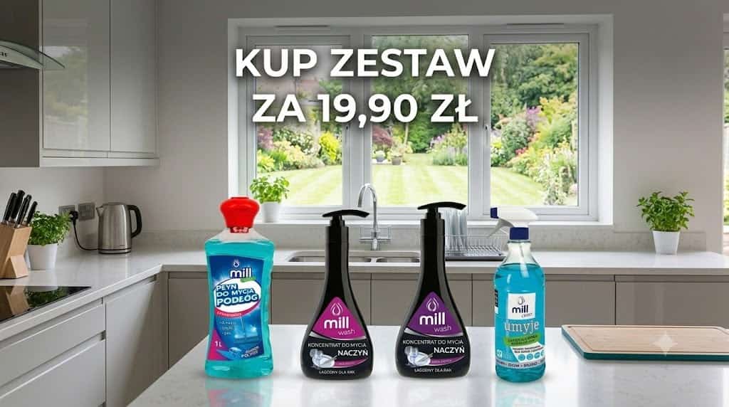 Zestaw Mill Płyn do mycia podłóg, Koncentrat do mycia naczyń, Balsam myjący NACZYNIA, Płyn do mycia szyb